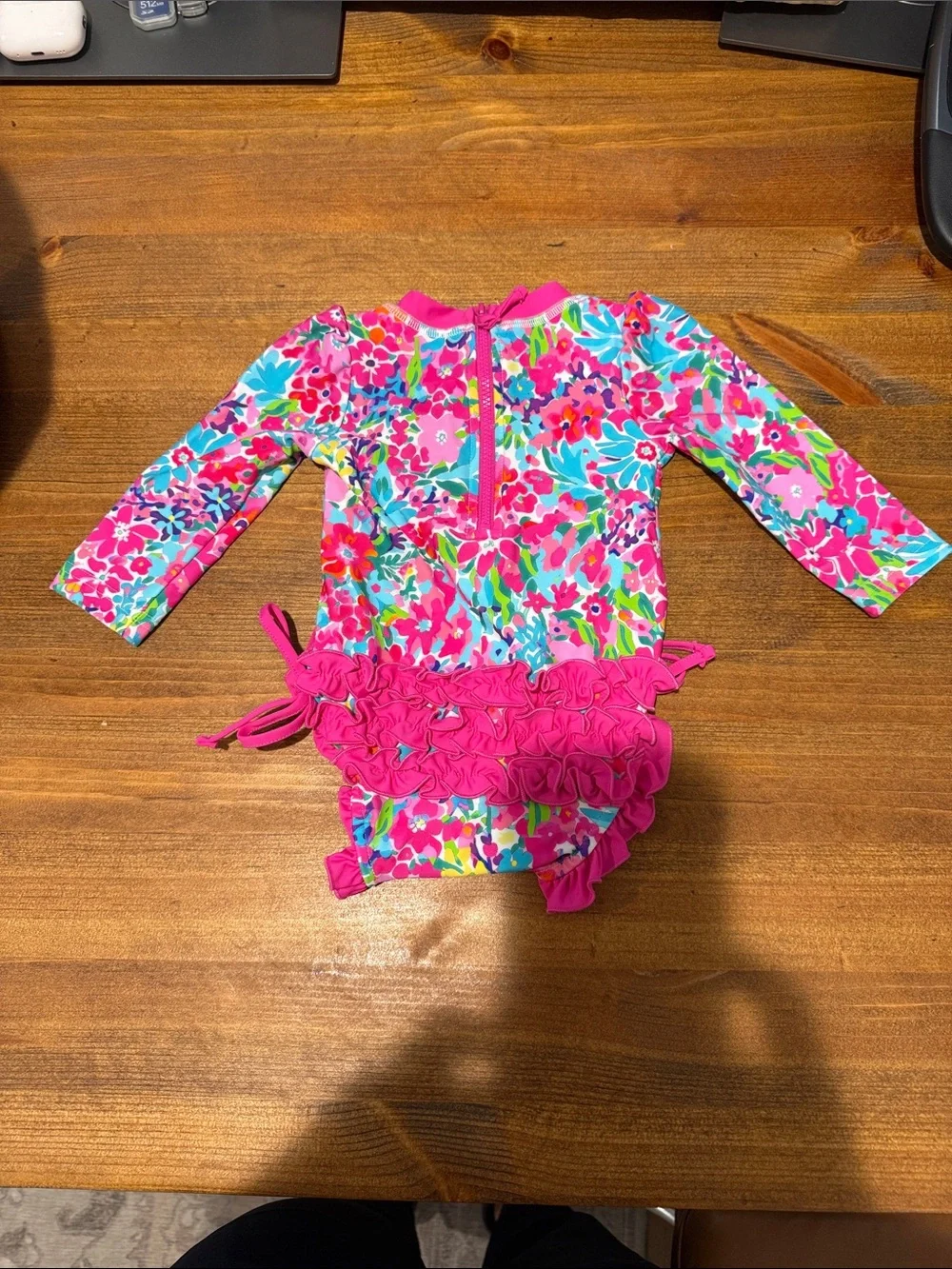 Caden Lane Pink Floral Long-Sleeve One-Piece Swimsuit with Blue & Green Accents